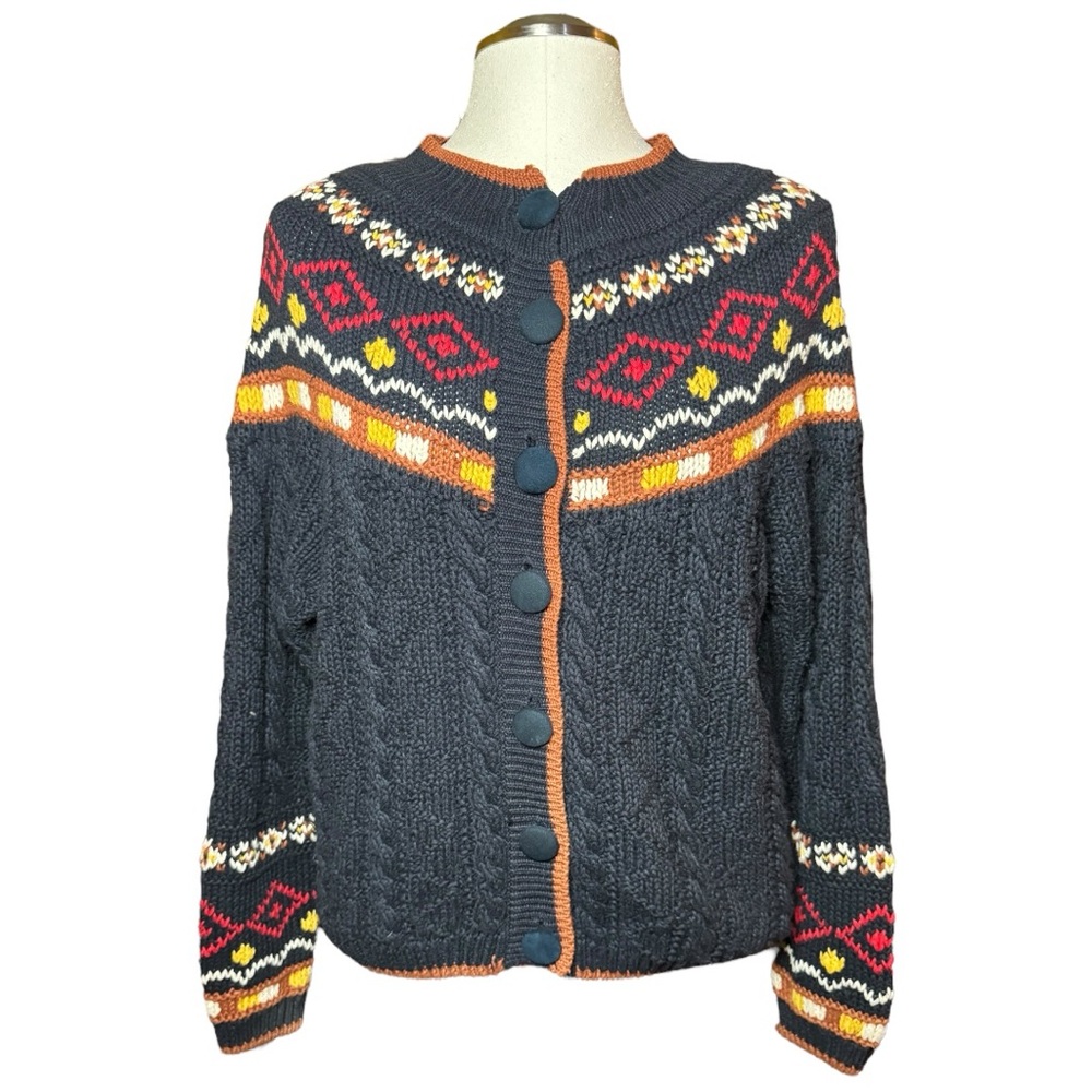 Chaus Multicolor Ramie Knit Fair Isle Vintage Fall Cardigan